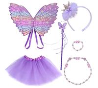 DKDDSSS Ensemble de 6 Pièces Deguisement Fee, Ailes de Papillon, Couronne de Princesse, Baguette Magique, Jupe Tutu,Collier Papillon, Accessoires pour Carnaval Cosplay Party Fête