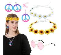 DKDDSSS Lot de 5 Costume Hippie, Accessoires de Costume Années 60 et 70, Vintage Lunettes, Bandeau de Tournesol, Collier de Signe de Paix, D'oreilles, Idéal Pour Soirées à Thème ou Fêtes Costumées