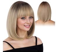 DKDDSSS Ombre Blonde Bob Perruque avec Frange Courte Perruque Droite pour Femmes, Perruques Courtes et Droites, Perruques de Cheveux Synthétiques Cosplay Utilisation Quotidienne de la Fête
