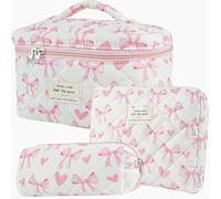Dkieuyu Lot de 2 trousses de maquillage mignonnes en coton matelassé, trousse de maquillage florale, trousse de maquillage de voyage, grande trousse de toilette pour femmes et filles, M - 3 pièces,