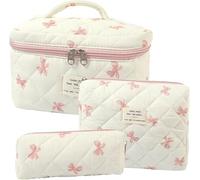 Dkieuyu Lot de 2 trousses de maquillage mignonnes en coton matelassé, trousse de maquillage florale, trousse de maquillage de voyage, grande trousse de toilette pour femmes et filles, L - 3 pièces,