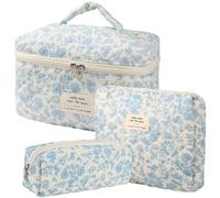 Dkieuyu Lot de 3 Trousses de Maquillage matelassées en Coton - Trousse de Maquillage Florale - Jolie Trousse de Maquillage de Voyage - Grande Trousse de Toilette pour Femmes et Filles, a, Trousse de