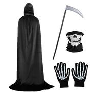 DKINY 1.7M Cape à Capuche Noire avec Faux Mort Masque Gants Lumineux Déguisement Halloween Carnaval Costume pour Femme Homme Cosplay Fête Adulte Unisexe