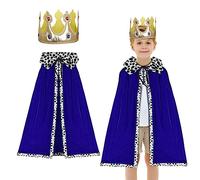 DKINY 100cm Cape Roi Enfants Bleu Costume Royale avec Couronne Déguisement Manteau Royal en Velours pour Cosplay Prince Roi Reine Deguisement Épiphanie Carnaval Halloween Fête