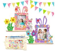 DKINY 4 Kits Bricolage Cadre Photo Lapin Fleur avec Support en Bois à Colorer pour Enfants Loisir Créatif Pâques Activité Familiale Decoration Table (sans peinture)