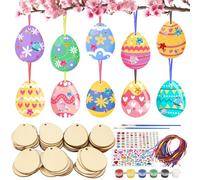 DKINY 50pcs Colorer Oeufs Suspendu en Bois avec Pinceaux et Peinture pour Enfants Loisir Créatif Pâques Bricolage Fête Printemps Activité Familale Scolaire DIY Déco