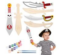DKINY 6pcs Épées Pirate d'Enfants en Bois à Colorer avec Peinture et Pinceaux pour Loisirs Créatifs Fête Cadeau Accessoires Pirate Anniversaire Activité Manuelle
