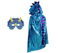DKINY 70cm Cape Dinosaure Bleue d'Enfant avec Masque Déguisement Carnaval Costume Dragon Paillette pour Garçon Fille Cosplay Fête Halloween Épiphanie Anniversaire Soirée