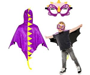 DKINY 80cm Cape Dinosaure Violette Foncée d'Enfant avec Masque Costume Ptérosaure Déguisement Carnaval pour Garçon Fille Cosplay Fête Halloween Épiphanie Anniversaire Soirée