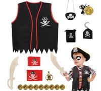 DKINY 8pcs Déguisement Pirate Enfant Gilet avec Ceinture Cache-oeil Boucle d'Oreille Pièces d'Or Crochet Pirate Costume pour Halloween Carnaval Fête Anniversaire