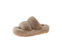 DKJAHSEK Pantoufles fausses moelleuses for femmes, vêtements d'extérieur, automne et hiver, maison coréenne, bout ouvert, pantoufles plates en peluche coton, chaussures(Khaki parallel bars,39)