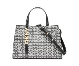 DKNY Avril Small Satchel Crossbody pour femme 100% PVC avec bordure en polyuréthane, logo noir et noir, Logo noir et noir