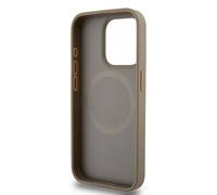 DKNY Coque iPhone 15 Pro Max – Cuir imprimé, logo métal, MagSafe – Marron