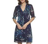 DKNY Fit and Flare Short Sleeve Tie Neck Dress Robe, Mdnght/Bttl GN, 38 Femme