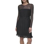 DKNY L/S Pleated A-Line Dress Robe, Noir, 38 Femmes