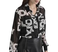 DKNY Long Sleeve Button Down Chiffon Logo Shirt, Noir et Ivoire, XS Femmes