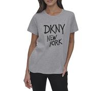 DKNY Rhinestone Graffiti Short Sleeve Relaxed Fit Crew Neck Tee T-Shirt, Gris et Noir, XL Femmes