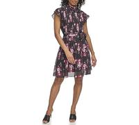 DKNY Robe plissée sans manches avec col noué pour femme, Noir/marron, 48