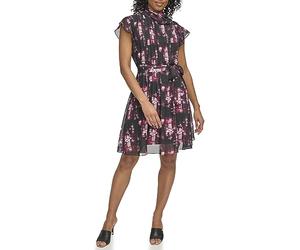DKNY Robe plissée sans manches avec col noué pour femme, Noir/marron, 48