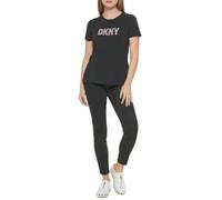 DKNY T- Shirt à Paillettes à Manches Courtes et col Rond, Noir, S Femme