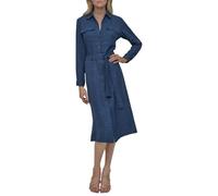 DKNY Women's Long Sleeve Collared Tie Midi Shirtdress, Denim, 10