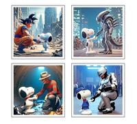 DKORARTE Lot de 4 tableaux avec base en bois, décoration de salon moderne, chambre à coucher, Snoopy avec crochets métalliques (29 x 29 cm chaque tableau)