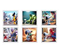 DKORARTE Lot de 6 tableaux avec base en bois, décoration de salon moderne, chambre à coucher, Snoopy avec crochets métalliques (29 x 29 cm chaque tableau)