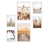 DKORARTE Lot de 6 tableaux en bois pour décoration de salon, chambre, chambre, paysage, plage, nature avec crochets métalliques (2 x 38 x 29 cm ; 4 x 29 x 20 cm)