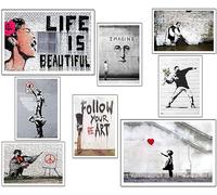 DKORARTE Lot de 8 tableaux décoratifs muraux pour décoration de salon moderne, chambre à coucher, chambre sans cadre, Banksy (2 x A3 (41 x 29,7 cm) ; 6 x A4 (29,7 x 21 cm)