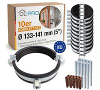 DL-PRO Lot de 10 colliers de serrage - Diamètre : 133-141 mm (5") - Isolation acoustique - Avec vis à double filetage M10 x 125 et chevilles - DN125