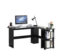 DlandHome Bureau d'angle Noir Informatique Bureau avec Rangement Bureau d’Ordinateur en Forme L Table 130 + 130cm en Bois Bureau Gaming Angle Postes de Travail Bureau en Coin avec Étagère Noir