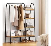 DlandHome Portant à Vêtements avec Étagères à Chaussures & Sacs Penderie Ouverte avec Étagères en Acier et MDF, Porte-vêtements à 5 Niveaux pour Salon, Chambre, Magasins 100x40x151 cm Vintage Noir