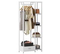 DlandHome Portant Meuble Rangement pour Vêtements avec Étagères et Tiroir Penderie Ouverte en Acier et MDF, Porte-vêtements avec Étagères à Chaussures & Sacs pour Salon, Chambre, Magasins 180 cm Blanc