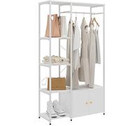 DlandHome Portant Meuble Rangement pour Vêtements Penderie Ouverte avec Étagères et Armoire en Acier et MDF, Porte-vêtements avec Étagère à Chaussures Sacs pour Salon, Chambre, Magasins 180 cm Blanc