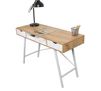 DlandHome Table de Bureau Informatique Moderne avec 2 Tiroirs et 1 Compartiment Ouvert Postes de Travail 120 x 48 CM Table d’étude/d'écriture/pour Maison/Bureau Teck & Blanc