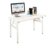 DlandHome Table pliante de taille moyenne 120 x 60 cm, aucune installation nécessaire, planche en bois composite, bureau informatique/poste de travail, blanc avec pieds blancs