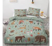 DlaQoryx Housse de Couette 90x190 cm Animaux De La Forêt Parure de Lit Enfant 1 Personne Ours Cerf Renard Lapin Plante, Ensemble Literie Imprimé Réversible avec 1 Taies d'oreiller 65x65 cm