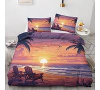 DlaQoryx Housse de Couette Océan Plage Parure de Lit 240x260 cm Coucher De Soleil sur La Mer Palmiers, Housse Couette Ensemble Literie Imprimé Réversible avec 2 Taies d'oreiller 65x65 cm