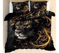 DlaQoryx Parure de Lit 220x240 cm Lion Doré Noir Housse de Couette Animaux Sauvages, Ensemble Literie Microfibre Douce, Housse Couette avec 2 Taies d'oreiller 65x65 cm