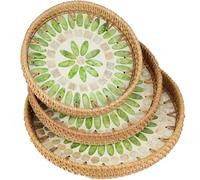 DLBTWDOYLS 3 plateaux ronds en osier, paniers de rangement décoratifs faits à la main incrustés de coquillages, adaptés pour la décoration intérieure, la table à manger, la cuisine (vert et blanc)