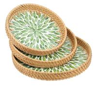 DLBTWDOYLS 3 plateaux ronds en osier, paniers de rangement décoratifs faits à la main incrustés de coquillages, adaptés pour la décoration intérieure, la table à manger, la cuisine (Feuille verte)