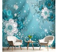 DLERFLOVR 3D Papier Peint Fleurs Tourbillonnantes, 200x140cm Papier Peint Panoramique Luxe Moderne Papiers Mural pour Salon Chambre Chambre D'Enfant Décoration Murale, Turquoise