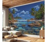 DLERFLOVR 3D Papier Peint La Beauté Naturelle Des Îles Seychelles, 300x210cm Papier Peint Panoramique Plage Tropicale Papiers Mural pour Salon Chambre Chambre D'Enfant Décoration Murale, Bleu Foncé