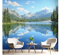 DLERFLOVR 3D Papier Peint Montagnes, Hautes Terres, Lacs, 350x250cm Papier Peint Panoramique Paysages Au Bord Du Lac Papiers Mural pour Salon Chambre Chambre D'Enfant Décoration Murale, Bleu