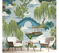 DLERFLOVR 3D Papier Peint Petit Bateau En Bois Willow Tree, 150x105cm Papier Peint Panoramique Pont Antique Papiers Mural pour Salon Chambre Chambre D'Enfant Décoration Murale, Vert
