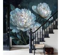 DLERFLOVR 3D Papier Peint Pivoine Élégante, 450x315cm Papier Peint Panoramique Peinture À L'Huile Florale De Luxe Papiers Mural pour Salon Chambre Chambre D'Enfant Décoration Murale, Vert Foncé