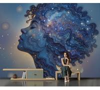 DLERFLOVR 3D Soie Papier Peint Panoramique Fille Cheveux Bouclés Starry River 300x210cm XXL Tableaux Muraux Ciel Étoilé Surréaliste Décoration Murale pour Salon, Chambre d'enfants, Étude, Bleu-Violet