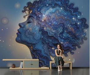 DLERFLOVR 3D Soie Papier Peint Panoramique Fille Cheveux Bouclés Starry River 400x280cm XXL Tableaux Muraux Ciel Étoilé Surréaliste Décoration Murale pour Salon, Chambre d'enfants, Étude, Bleu-Violet