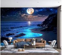 DLERFLOVR 3D Soie Papier Peint Panoramique Plage, Vagues, Ciel Étoilé 300x210cm XXL Tableaux Muraux Vue Nocturne De La Côte De Rêve Décoration Murale pour Salon, Chambre d'enfants, Étude, Indigo