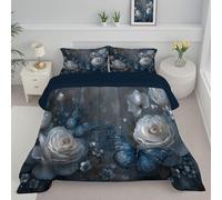 DLERFLOVR Couette 4 Saisons 140x200cm, Roses Et Papillons Couette Réversible Style Grunge Rock Légère Edredon, Alternative au Duvet avec Taie d'oreiller 65x65 cm pour lit 1 Personne, Gris-Bleu